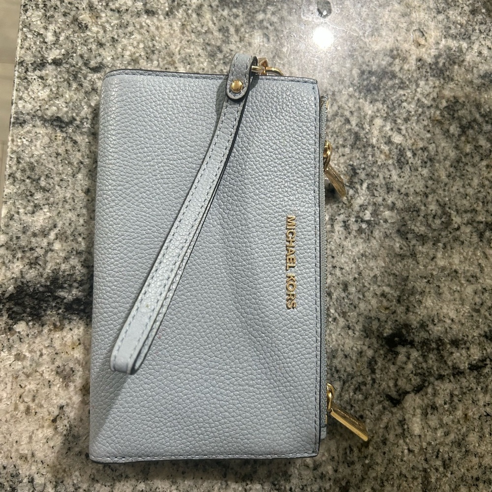 Michael Kors Powder Blue Pebbled Leather Wristlet with Gold Hardware